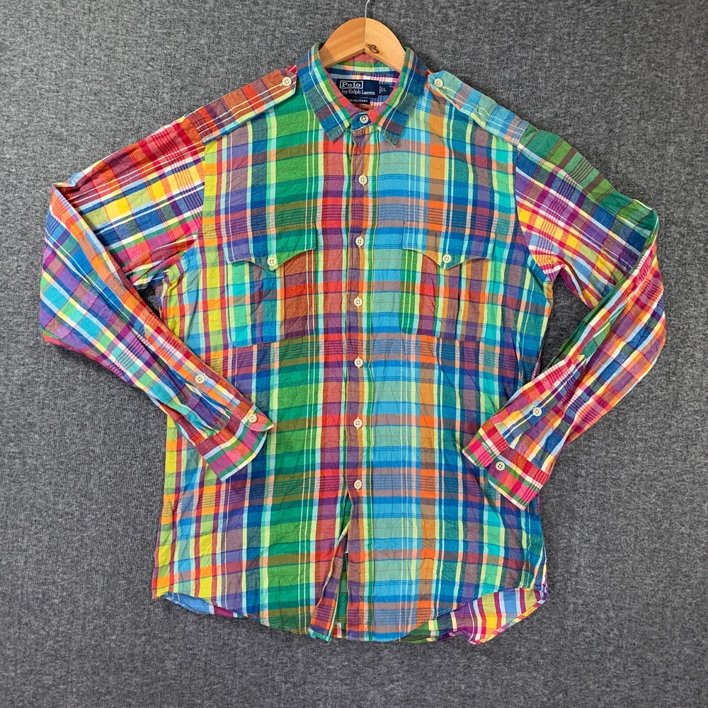 VTG Polo Ralph Lauren Colorblock Shirt Men Large Trim Military Plaid 90s Epaulet - Picture 2 of 8